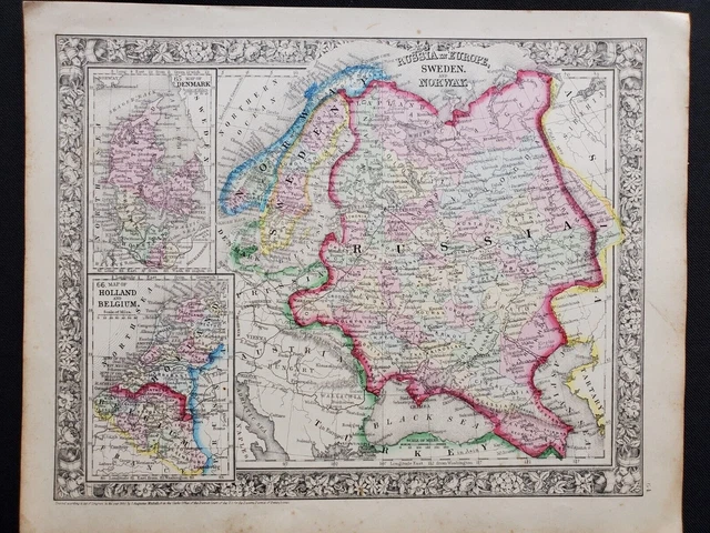 1860 Mitchell Map Russia Norway Sweden Denmark Netherlands Ukraine Antique