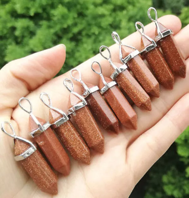 10pcs Natural  Gold sand Stone Pendants Chakra Hexagon Gemstone Healing Crystal