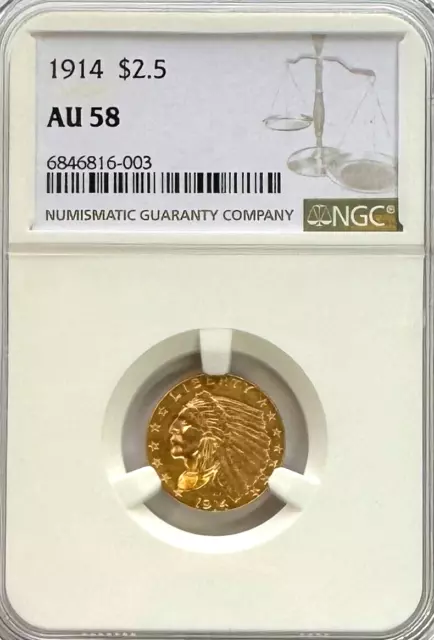 1914 $2.5 Indian Head Gold Coin, AU 58 NGC.