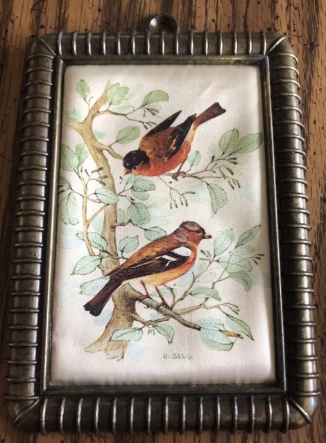 Vintage Italian Birds By U. Selis Ornate Brass Rectangle Frame Silk Painting