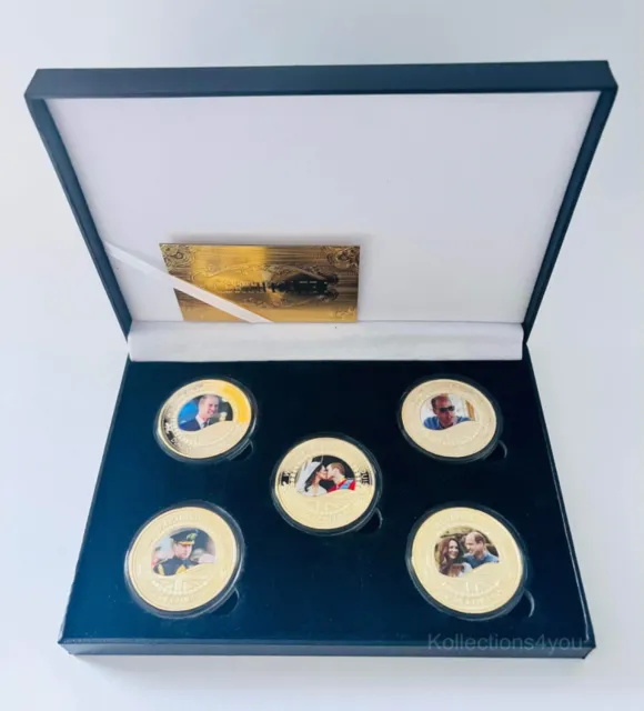 Future King + Queen Of Great Britain- Prince William & Kate 5 Gold Plated Coins