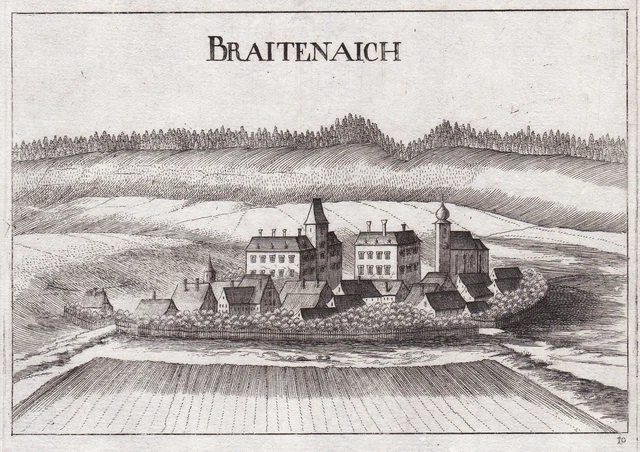 Breiteneich Castello Città Vista Corno Incisione Stampa Antica Vischer 1672