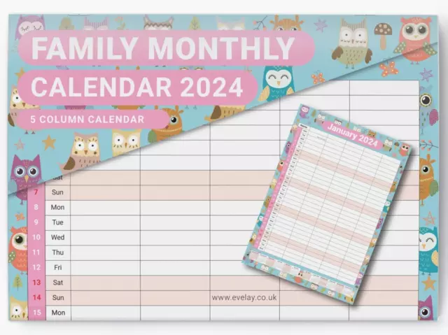 2024 Calendar Wall Monthly Planner Staff Rota Family Organiser Owls