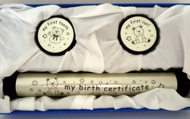 Baby Boy "My Birth Certificate First Tooth First Curl" Holders In Blue Gift Box