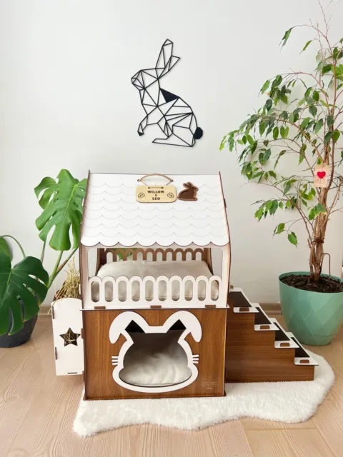 Casa de madera para conejos, casa para conejos de dos pisos, modelo alimentador de heno, muebles para conejos