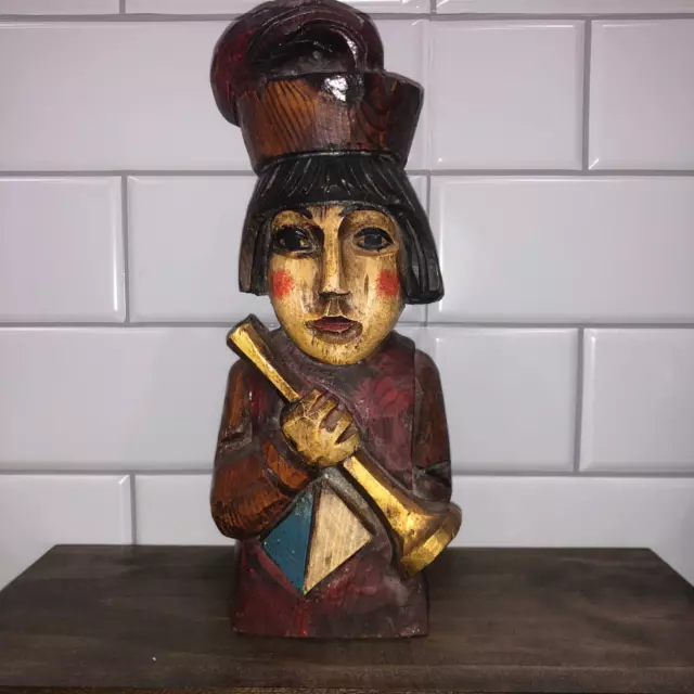 Vintage Exquisite Hand Carved Wooden Medieval King Statue with Horn and Crown