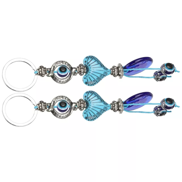 2x Lucky Eye Keychain Blue Turkish Amulet Heart Shaped Beads Pendant Keyring ◑