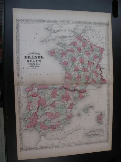 Hand Colored France Spain Portugal Majorca Double Page Map Johnson's Atlas 1867
