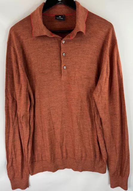 PS Paul Smith 100% Merino Wool Jumper Mens Medium Sweater Orange Rust Collared