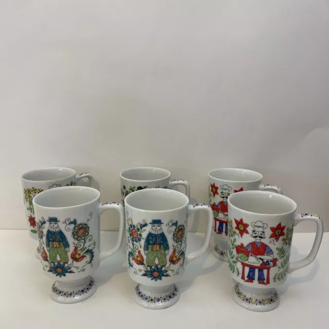 Vintage Set of 6 Folk Art Style Coffee Cup Set, Royal Crown Europe 1676