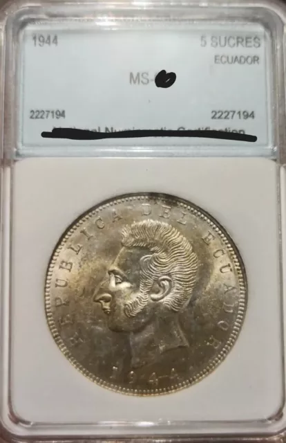 SILVER ECUADOR 🔷 5 Sucres 1944 🔷 High graded UNC