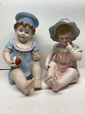 Vintage Pair Large Bisque Porcelain PIANO BABY Boy & Girl