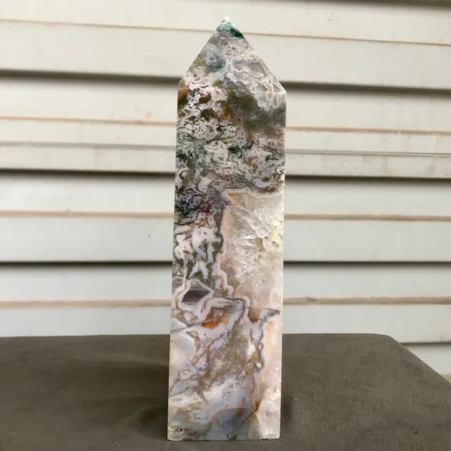 800g  Natural Aquatic agate Quartz Obelisk Crystal Point Wand Reiki Healing