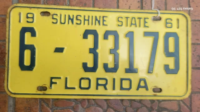 1961 Florida License Plate - Palm Beach County Yellow Vintage Automobile Car