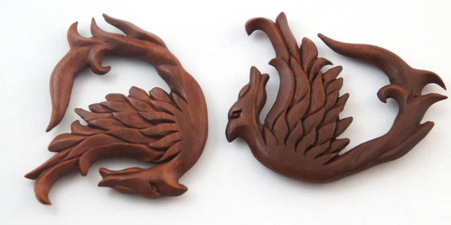 Pair Handmade Crafted Carved Flying Fire Phoenix Sono Wood Ear Plugs Hangers US