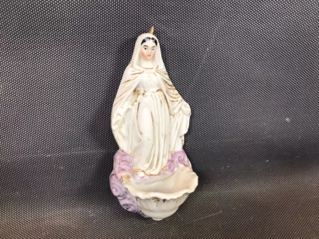 Antico Piccolo Acquasantiera a Muro IN Porcellana Vintage Sainte Vergine Maria