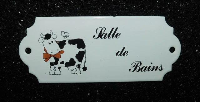 PLAQUE EMAILLEE DE PORTE DE SALLE DE BAINS . 13 x 5 cm . VACHE . TRES