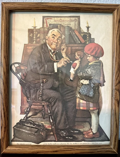 Norman Rockwell  Print Art "Doctor And The Doll" Vintage Wood Frame 11.75”x9.5”