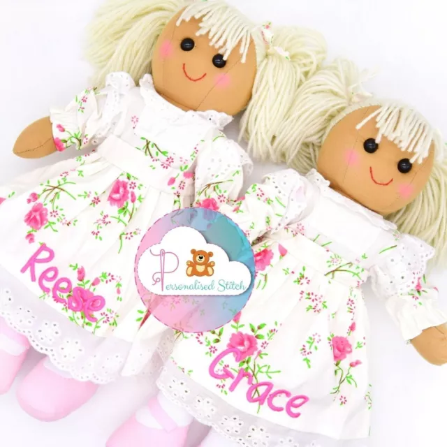 Personalised Rag Doll Rose Baby Embroidered Birthday Girl Gift Traditional Doll