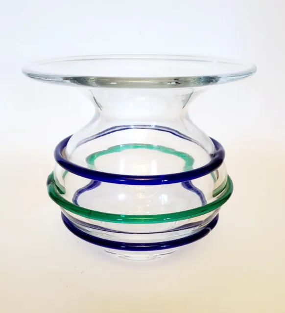Lovely Clear Hand Blown Art Glass Vase with Cobalt and Green Applied Stripes 5"