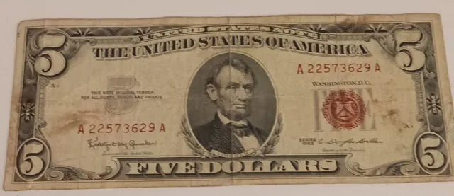 1963 $5.00 Dollar Bill Red Seal A22573629A