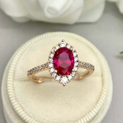 3.20 Ct Oval Cut Lab-Created Red Ruby Wedding Engagement Ring 14K Rose Gold FN