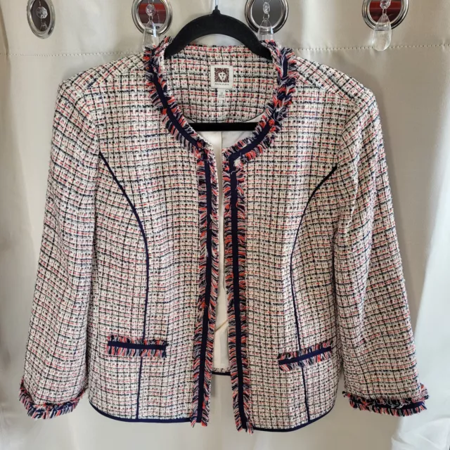 Anne Klein Womens Blazer Size 12 Tweed Jacket Fringe Clueless Career Work 15939