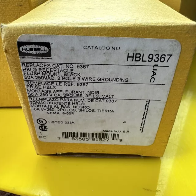 Hubbell HBL9367 Receptacle 50A 250VAC 2 Pole 3W - NEW IN BOX