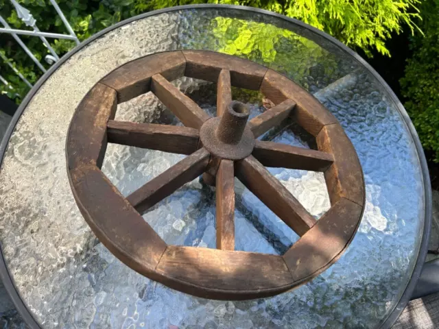 Antique wood metal banded 16" Wheelbarrel Cart Wagon Wheel 8 spoke metal axle