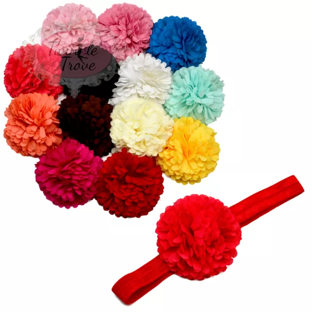 Baby Toddler Pompom Flower Hairbands. Kids Girls Hair Band Elastic Headband.