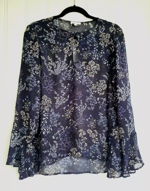 Witchery sz 12 navy blue floral fluted sleeve sheer keyhole top blouse exc cond