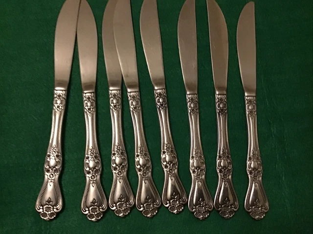 ￼ Precious Rose Rogers co Stainless Steel Korea 8 Dinner Knives 8 1/4 Inch
