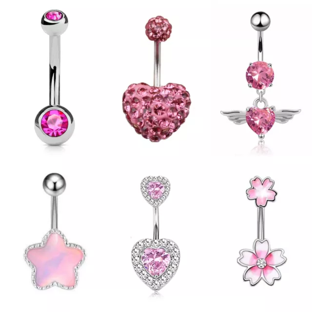 Stainless Steel Pink Crystal Belly Button Rings Piercing Bar Navel Dangle Body