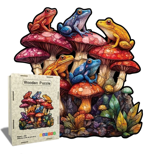 DIY WOODEN JIGSAW Puzzles Unique Mushroom Frog Adult Kids Toy Puzzle ...
