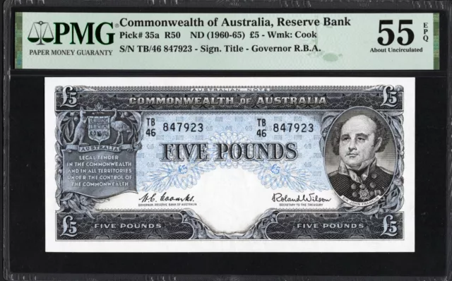 Australia 5 Five Pounds P35a R50 1960-65 Coombs Wilson PMG55 aUNC EPQ Banknote