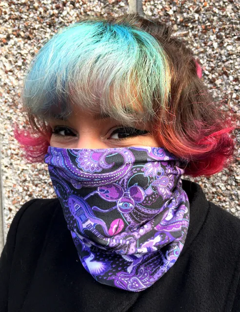 Prince Rogers Nelson themed snood mask. Purple paisley printed pattern. FREEPOST