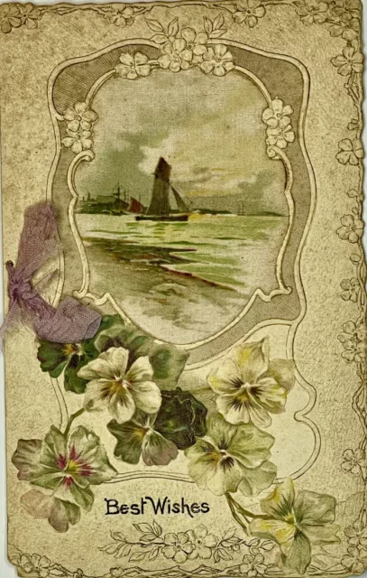 Beautiful 1905 Embossed Christmas Card - Victorian Best Wishes Sailboat
