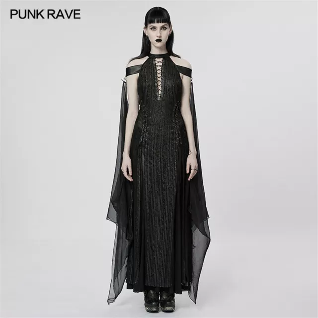 Punk Rave Goth Chiffon Cloak Gown Halter Neck Deep V High Slit Slim Fit Dress