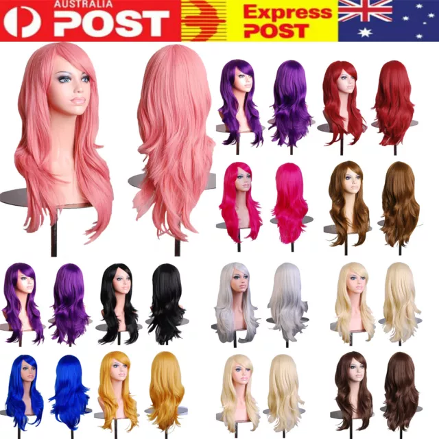 New Women 70cm Long Wavy Curly Hair Synthetic Cosplay Full Wigs Wig Stand Party