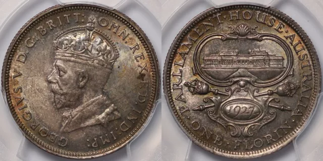 PCGS Graded MS64 Australia 1927 Canberra Parliament Florin Unc Silver Coin