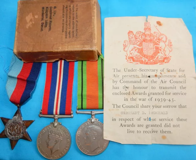 WW2 MEDAL GROUP OF 3 To SERGEANT D MCDONALD - KIA  - WORLD WAR II + BOX PAPERS