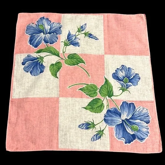 Vintage Handkerchief Red White Blue Floral Flowers Checkered Square Cotton 16”