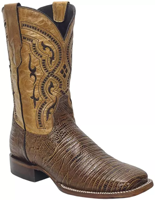 Men Lizard Print Genuine Leather Western Wide Square Toe Honey Boots Handcrafted