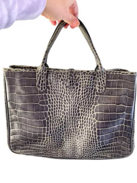 LONGCHAMP CROC EMBOSSED ROSEAU Leather Handbag Tote Gray Bag Purse 13”x9” 6