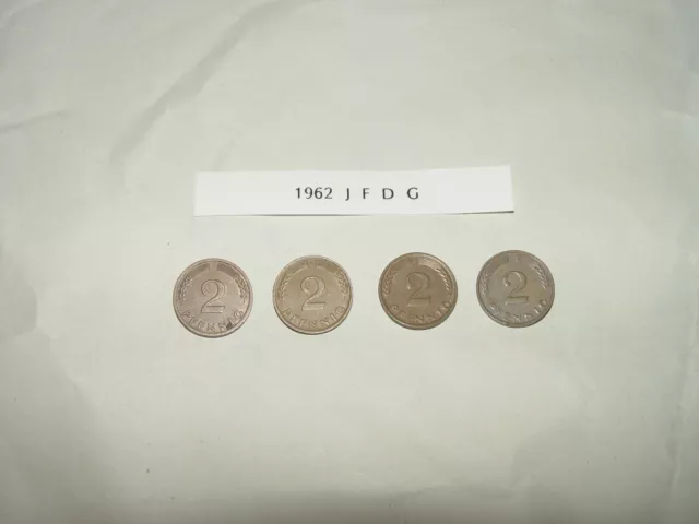 2 Pfennig Komplettsatz Kupfer 1962 J, F, D und G, nicht magnetisch, Rarität!
