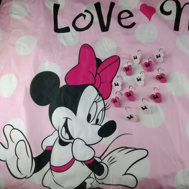 Disney LOVE MINNIE Mouse Fabric Shower Curtain 70x72 Magnet Liner & Minnie Hooks