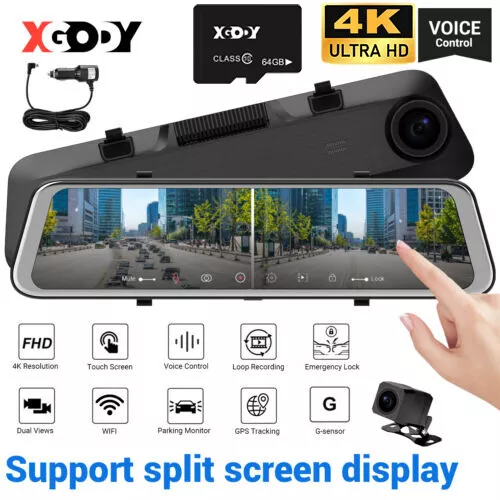 XGODY 12" 4.0K 1080P Front Rear Camera Mirror Dash Cam GPS Car DVR ＆ Free 64 TF