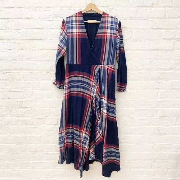 Anthropologie || Isabella Sinclair Tartan Plaid Surplice Midi Dress Navy M