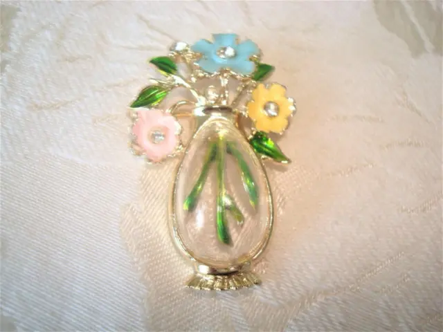 Gold Tone Pin Brooch Domed Clear Vase Pink Yellow Blue Flowers Rhinestones