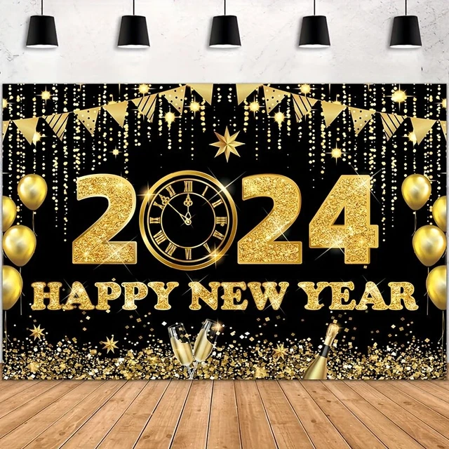 HAPPY NEW YEAR 2024 Backdrop Banner Glitter Clock Party Decoration